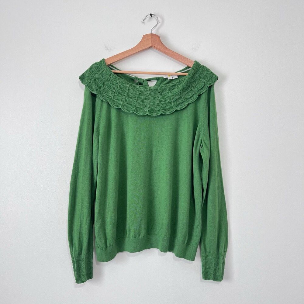 Boden Tie Back Collar Jumper Sweater US 20/22 Green Cotton Wool Scallop Knit - Picture 2 of 8